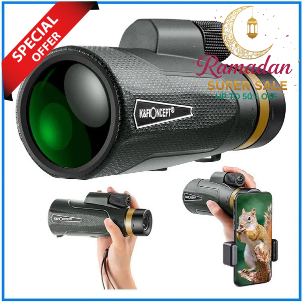 K&F Concept KF33.013 12x50 Compact IP65 Waterproof High Power Easy Focus Professional Monocular with Smartphone Holder Clamp - Black