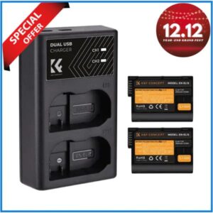 K&F Concept KF28.0012 Nikon EN-EL15 2100mAh Rechargeable 2 Batteries & Super Fast Dual Slot Charger Set - Black
