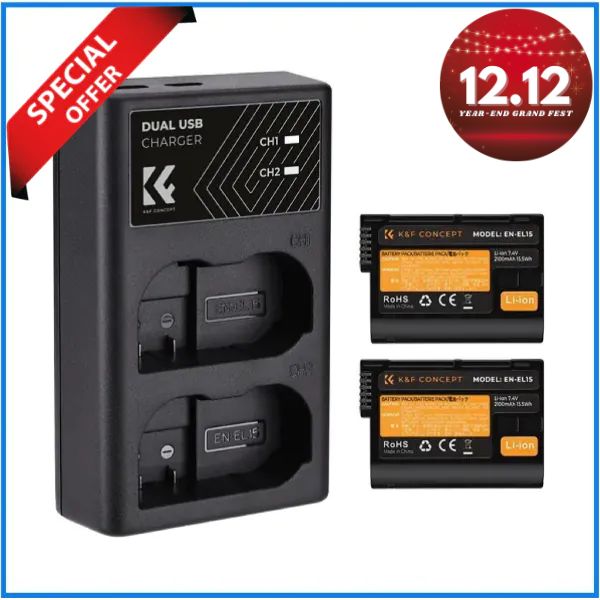 K&F Concept KF28.0012 Nikon EN-EL15 2100mAh Rechargeable 2 Batteries & Super Fast Dual Slot Charger Set - Black
