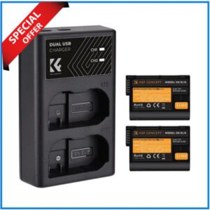 K&F Concept KF28.0012 Nikon EN-EL15 2100mAh Rechargeable 2 Batteries & Super Fast Dual Slot Charger Set - Black