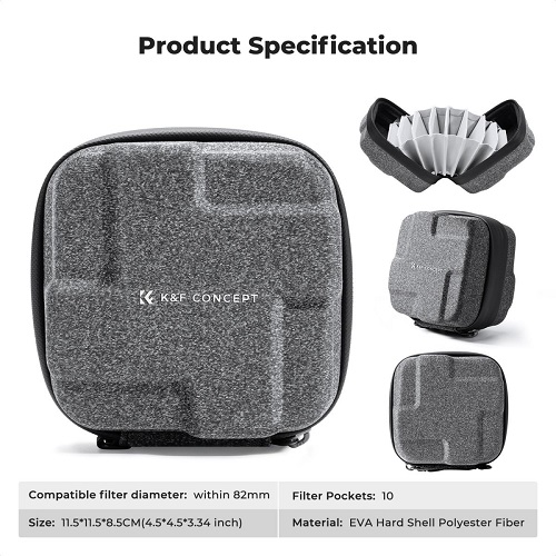 K&F Concept KF13.185 Waterproof 10 Pockets Hard Shell Lens Filter Carrying Case Pouch Bag (82mm) - Grey - Image 8