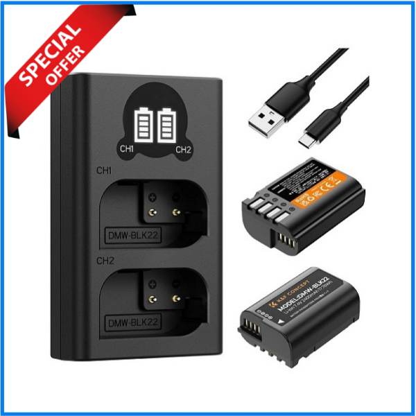 K&F Concept KF28.0042 DMW-BLK22 2400mAh 2 Batteries with Fast Dual Slot Charger Set - Black