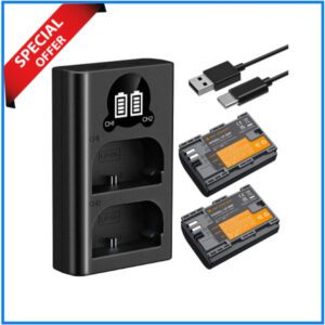 K&F Concept KF28.0093 LP-E6P 2400mAh Rechargeable 2 Batteries & Super Fast Dual Slot Charger Kit with USB Type-C Cable - Black
