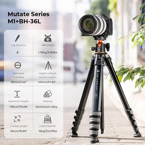 K&F Concept KF09.105V1 M1+BH-36L Aluminium Compact Travel Camera Tripod – Black - Image 2