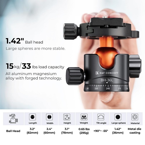 K&F Concept KF09.105V1 M1+BH-36L Aluminium Compact Travel Camera Tripod – Black - Image 6