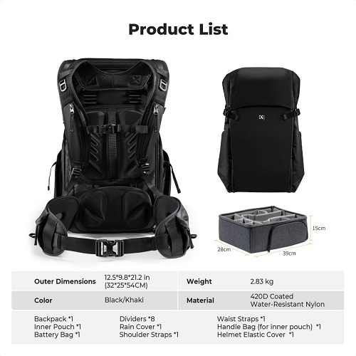 K&F Concept KF13.206V1 Multifunctional Waterproof Large Camera Backpack (30L) - Black - Image 4