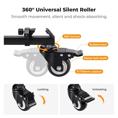 K&F Concept KF31.118 Heavy Duty Adjustable Legs with 3-inch Rubber Wheels Tripod Dolly with Carry Bag – Black - Image 5