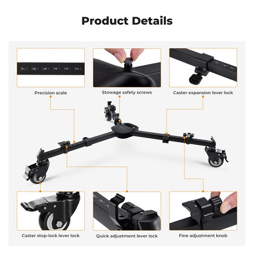 K&F Concept KF31.118 Heavy Duty Adjustable Legs with 3-inch Rubber Wheels Tripod Dolly with Carry Bag – Black - Image 3