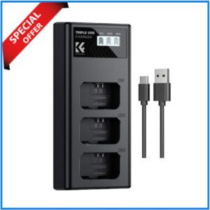 K&F Concept KF28.0060 NP-FW50 LCD Display 3-Slot Quick Battery Charger with USB Type-C Cable - Black