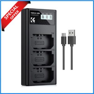 K&F Concept KF28.0061 NP-FZ100 LCD Display 3-Slot Quick Battery Charger with USB Type-C Cable – Black