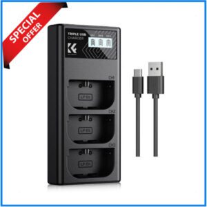 K&F Concept KF28.0062 LP-E6NH LCD Display 3-Slot Quick Battery Charger with USB Type-C Cable – Black