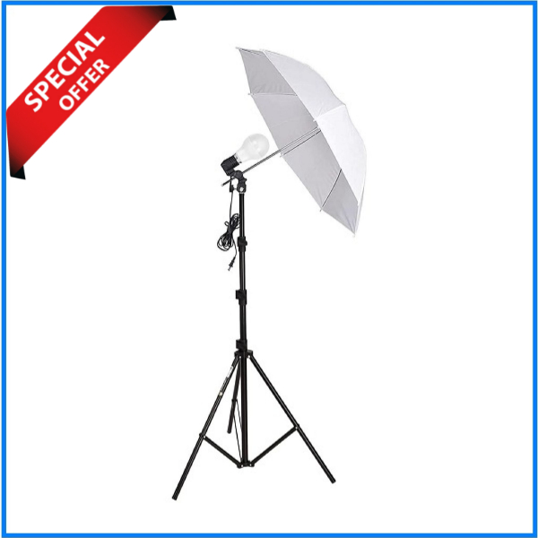 YE 1 Holder Studio E27 Socket Lighting Lamp Head with White Diffuser Umbrella, Portable Light Stand & LED Bulb (Full Package) – Black