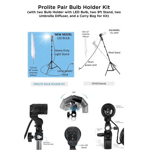 YE 1 Holder Studio E27 Socket Lighting Lamp Head with White Diffuser Umbrella, Portable Light Stand & LED Bulb (Full Package) – Black - Image 2