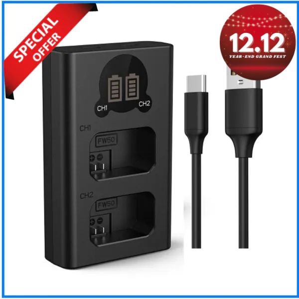 K&F Concept KF28.0009V1 Dual Slot LCD Fast Charger with USB Type-C Cable for NP-FW50 Battery - Black