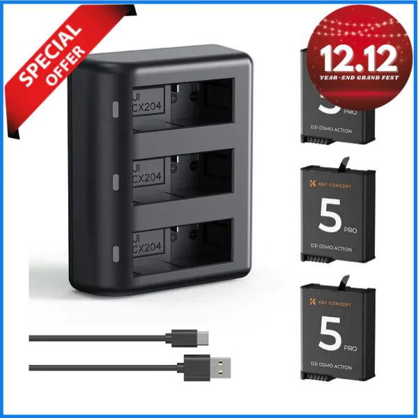 K&F Concept KF28.0086 2100mAh DJI Osmo 3-Pack Batteries with 3-Slot Fast Charger Set for DJI OSMO 360/ OSMO Action 5 Pro/ Osmo Action 4/ Osmo Action 3 Cameras - Black