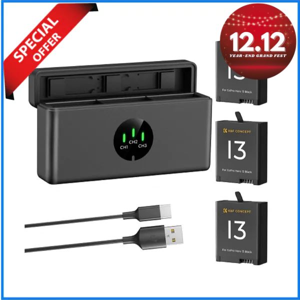 K&F Concept KF28.0087 2100mAh GoPro Hero 13 Enduro 3-Pack Batteries with 3-Slot Portable Charging Storage Case - Black