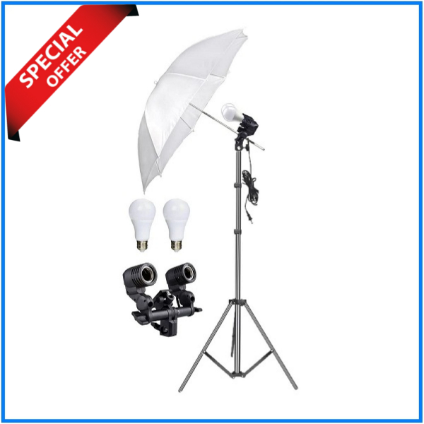 YE 2-in-1 Multi-Holder Studio E27 Socket Lighting Lamp Head with White Diffuser Umbrella, Portable Light Stand & 2 LED Bulbs (Full Package) – Black