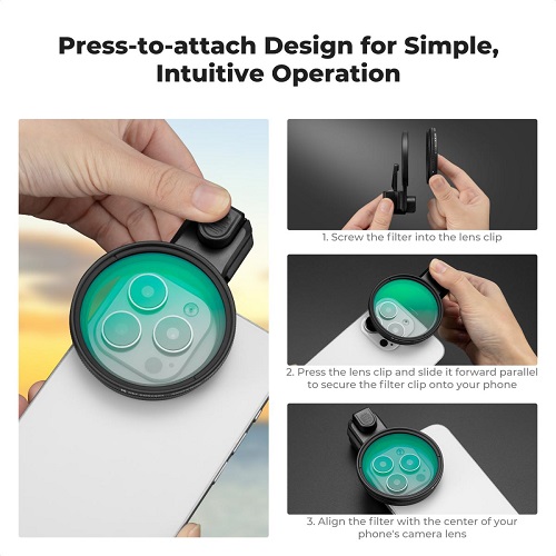 K&F CONCEPT KF15.0023 Press-On 58mm ND2-32 Variable ND Filter for Smartphones (1-5 Stops) - Black - Image 4