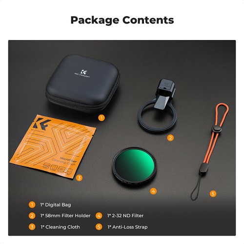 K&F CONCEPT KF15.0023 Press-On 58mm ND2-32 Variable ND Filter for Smartphones (1-5 Stops) - Black - Image 7