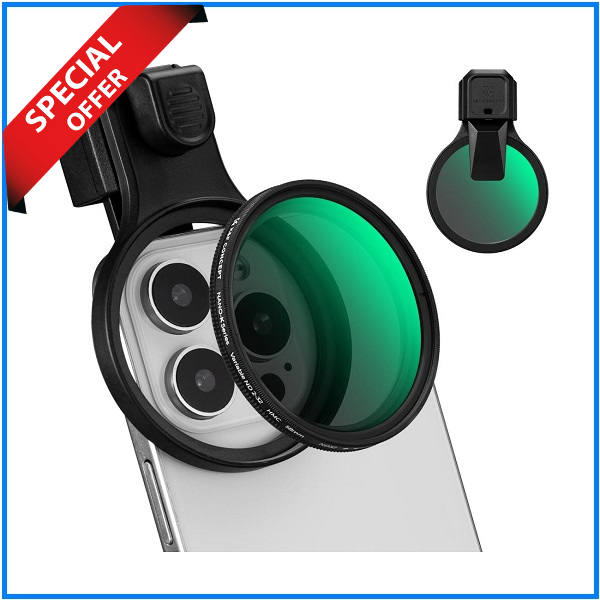 K&F CONCEPT KF15.0023 Press-On 58mm ND2-32 Variable ND Filter for Smartphones (1-5 Stops) - Black