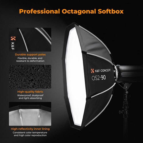 K&F Concept KF18.0016 Bowens Mount Quick Folding Octagonal Softbox with Honeycomb Grid (35″/90cm) - Black - Image 6
