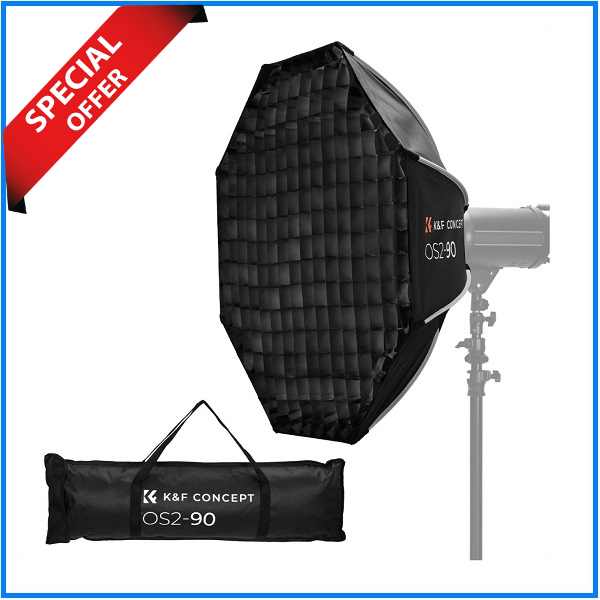 K&F Concept KF18.0016 Bowens Mount Quick Folding Octagonal Softbox with Honeycomb Grid (35″/90cm) - Black