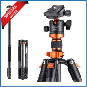 K&F Concept KF09.109 D254C1 Lightweight Compact Carbon Fiber Professional Ball Head Tripod with Monopod (NEW VERSION) – Black