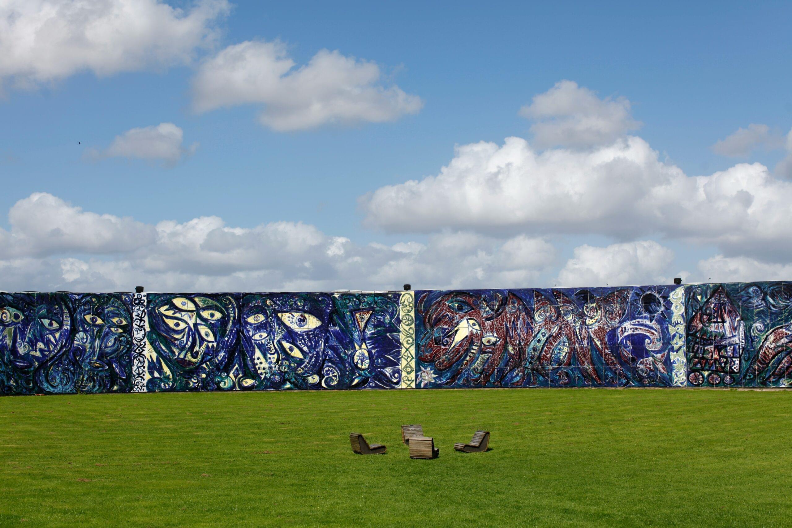 A grassy field with a wall covered in graffiti
